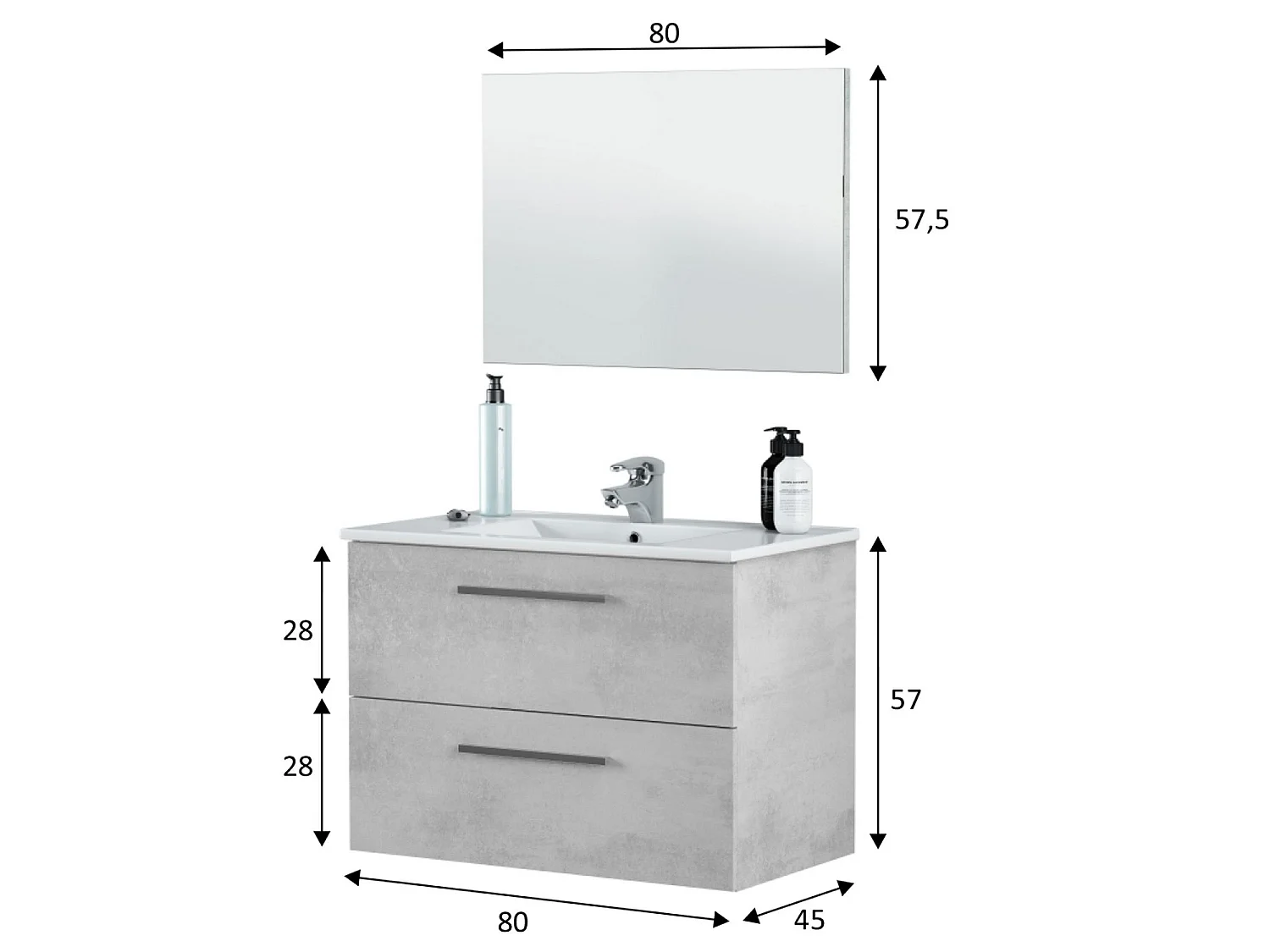 Mueble de baño suspendido Axel 2 cajones con espejo, sin lavabo, Color Cemento