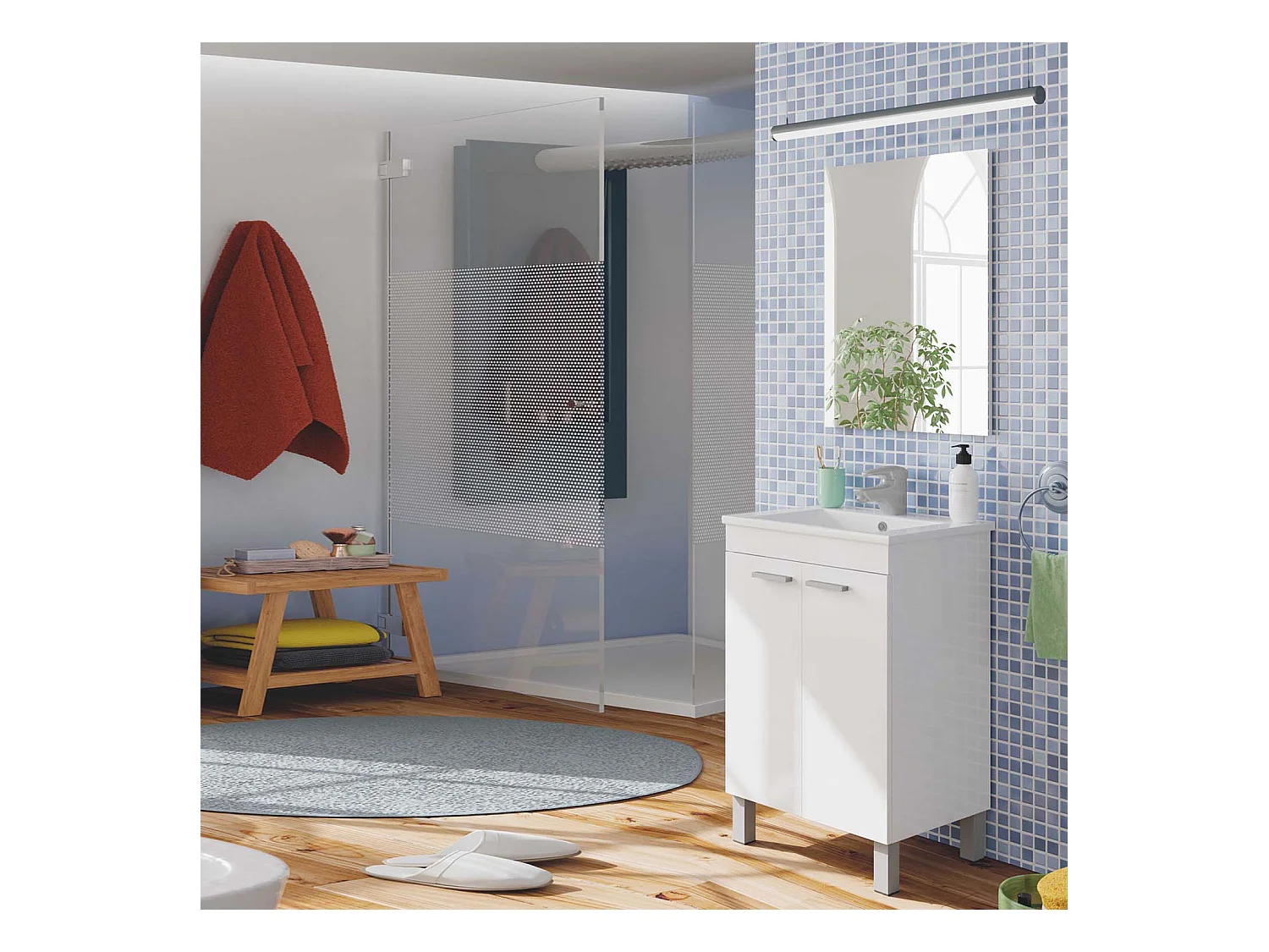 Mueble de baño Levis 2 puertas, espejo y con lavabo, Color Blanco brillo