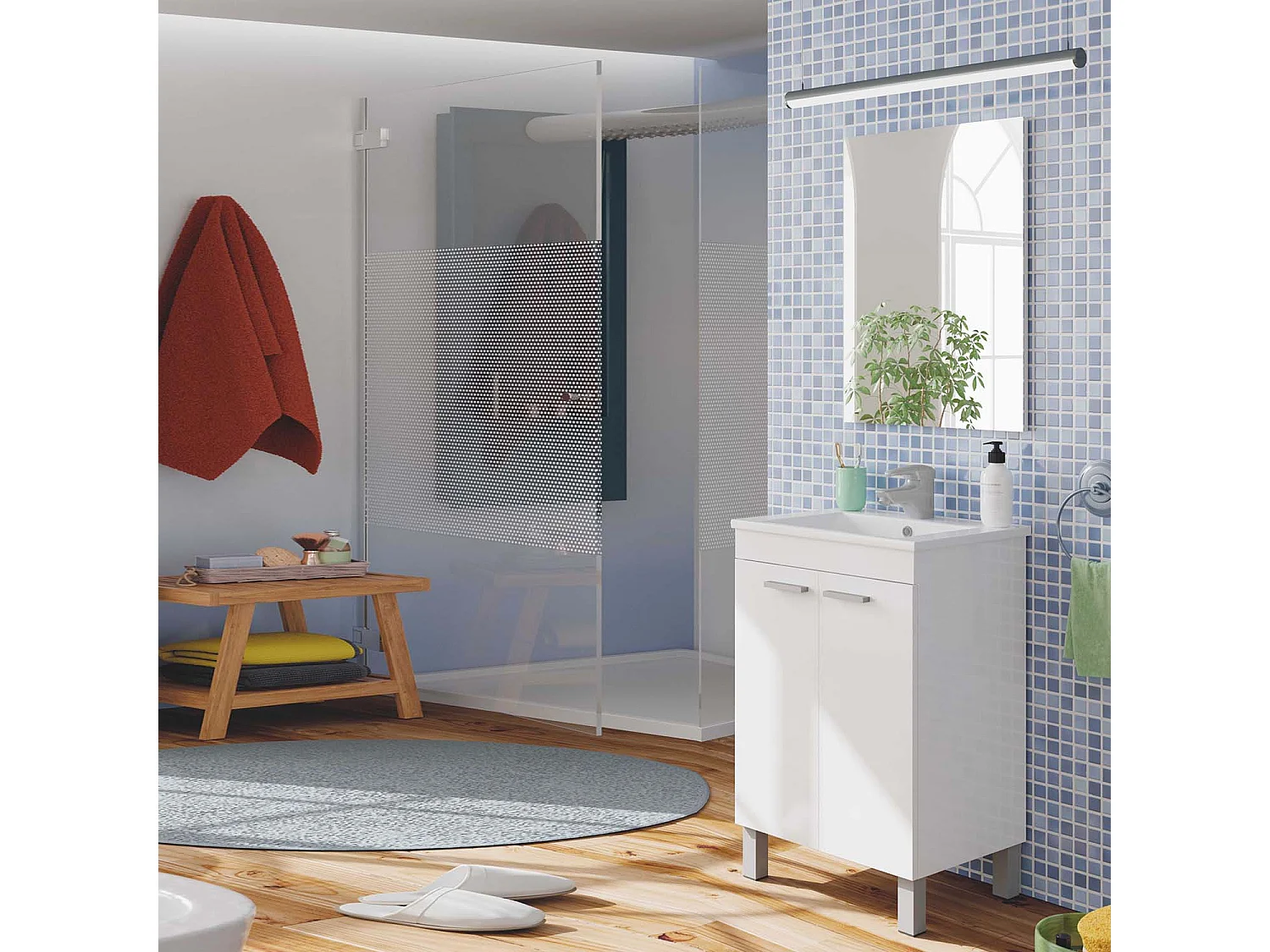 Mueble de baño Levis 2 puertas, espejo y con lavabo, Color Blanco brillo
