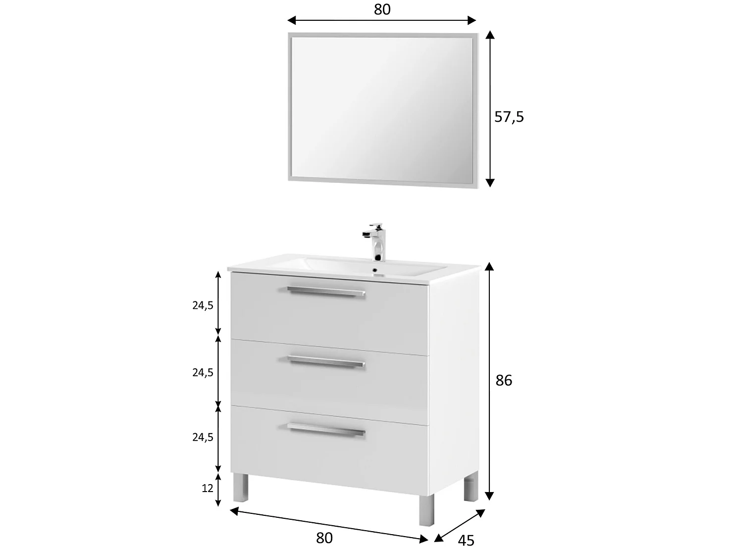 Mueble de baño Alise 3 cajones con espejo, sin lavabo, Color Blanco brillo