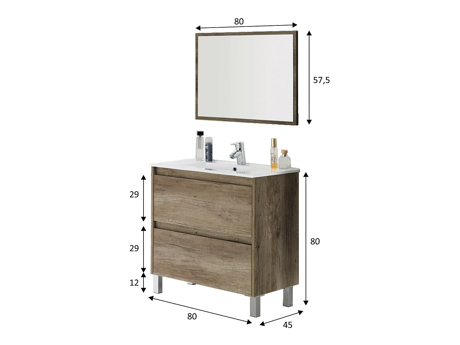 Mueble de baño Devin 2 cajones con espejo, sin lavabo, Color Nordik