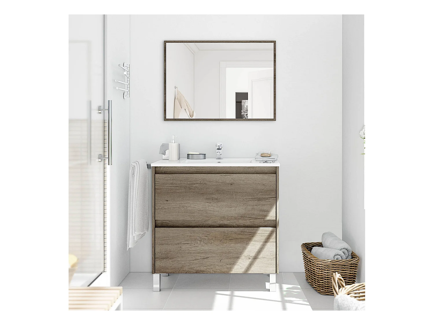 Mueble de baño Devin 2 cajones con espejo, sin lavabo, Color Nordik