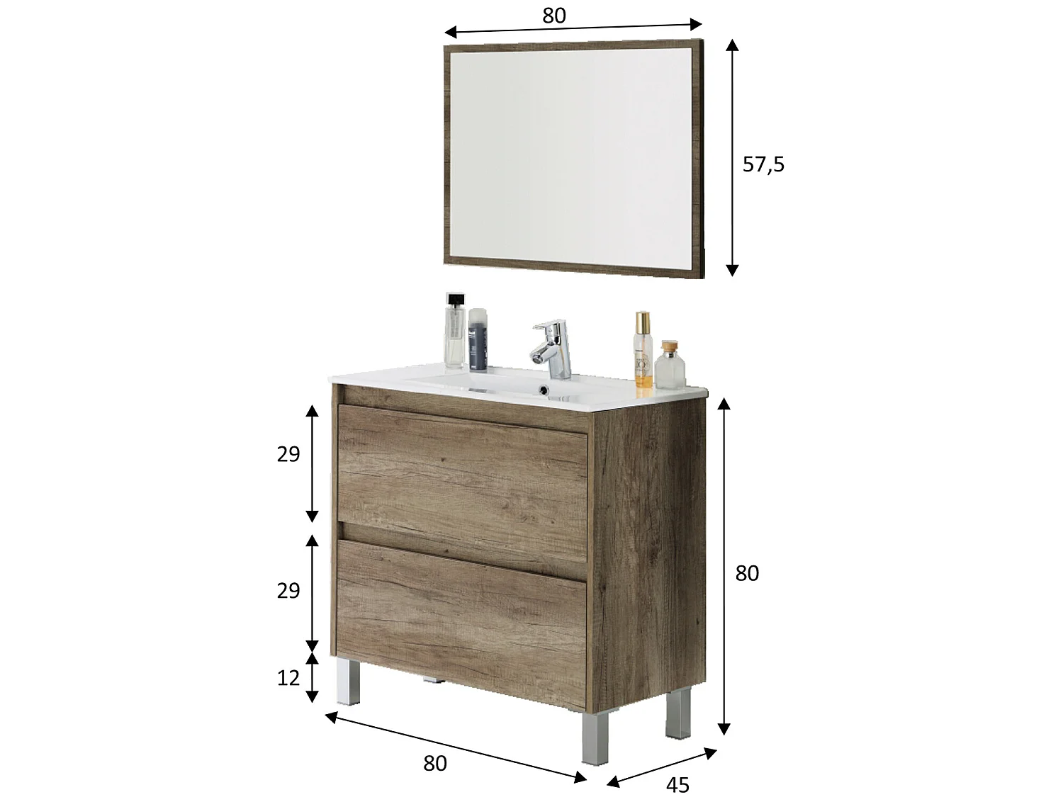 Mueble de baño Devin 2 cajones con espejo, sin lavabo, Color Nordik