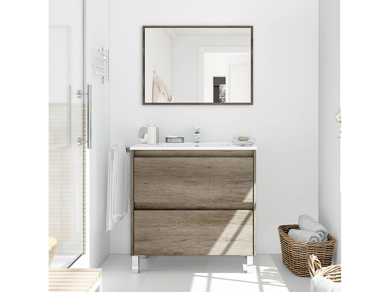 Mueble de baño Devin 2 cajones con espejo, sin lavabo, Color Nordik