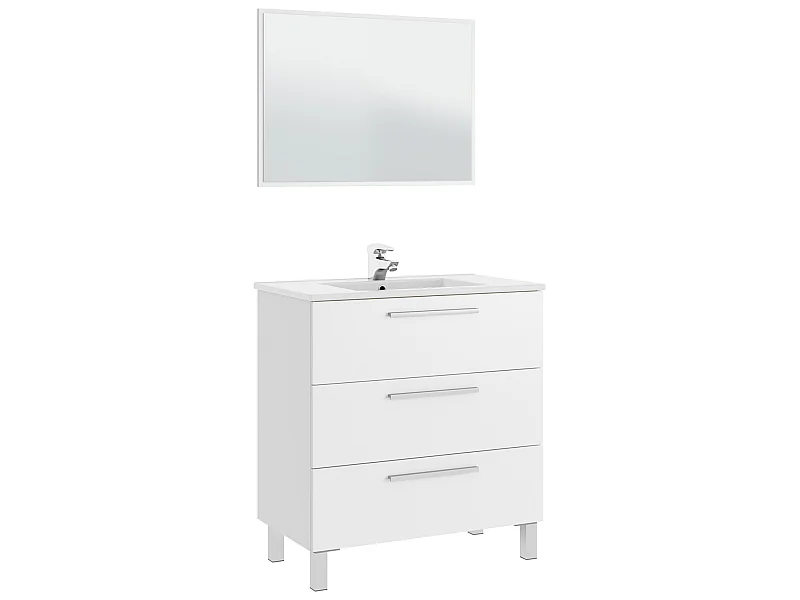 Mueble de baño Alise 3 cajones, espejo y con lavabo cerámico, Color Blanco brillo