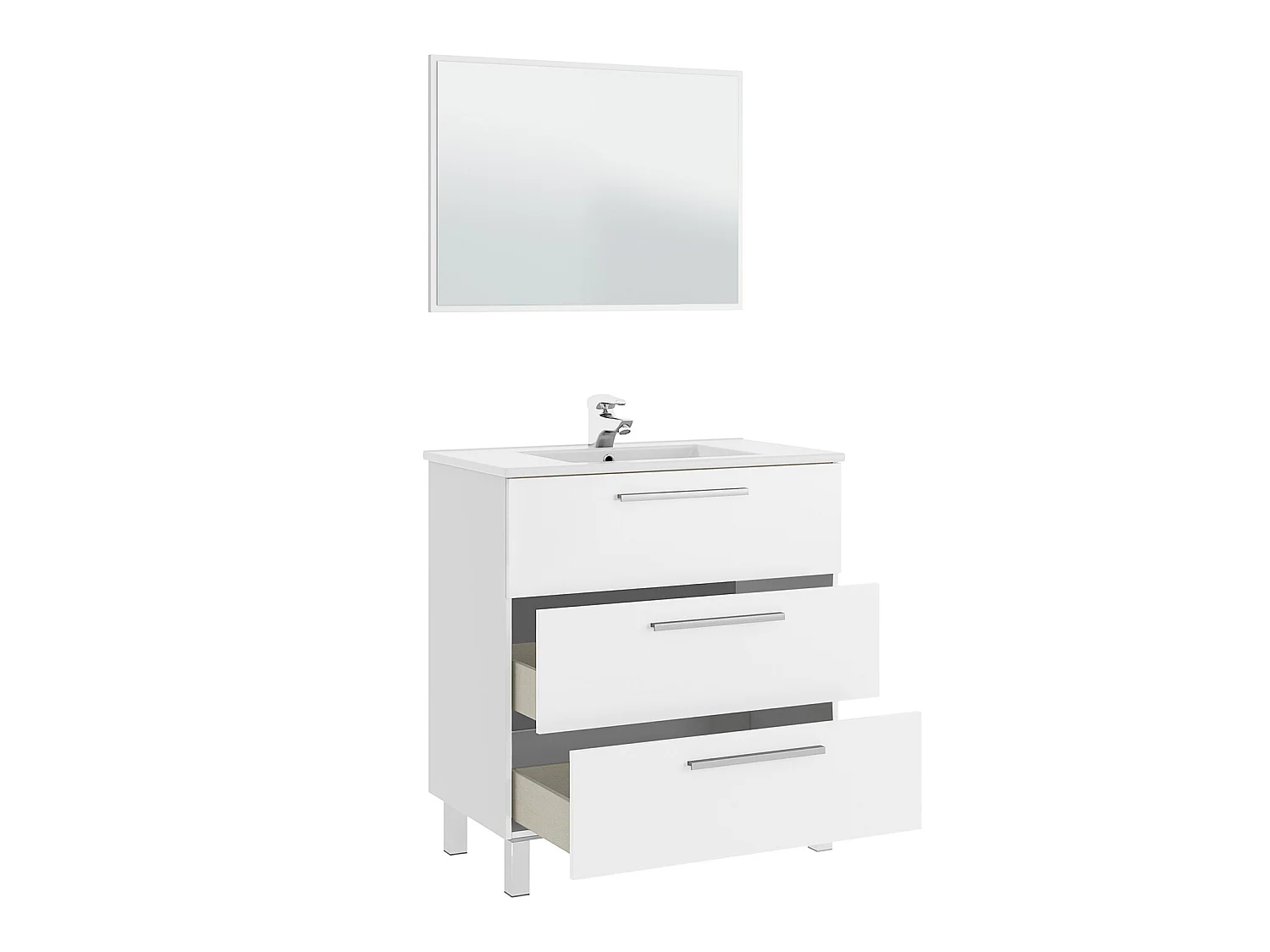 Mueble de baño Alise 3 cajones, espejo y con lavabo cerámico, Color Blanco brillo