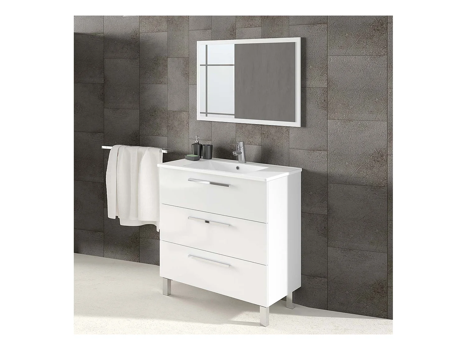 Mueble de baño Alise 3 cajones, espejo y con lavabo cerámico, Color Blanco brillo