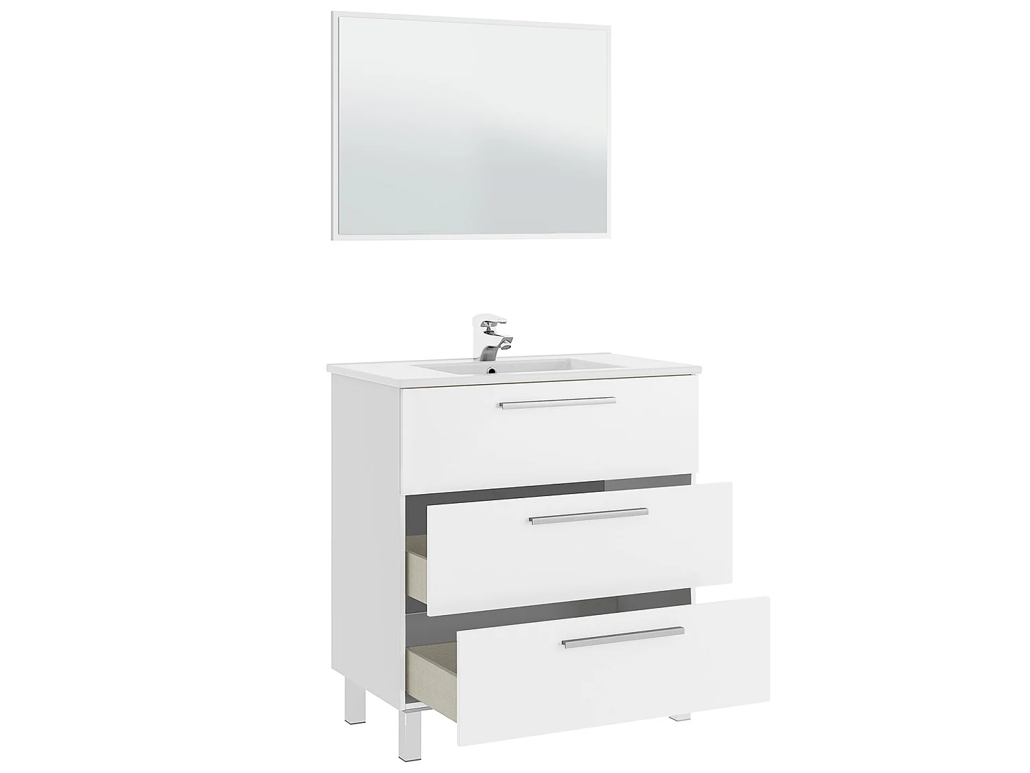 Mueble de baño Alise 3 cajones, espejo y con lavabo cerámico, Color Blanco brillo