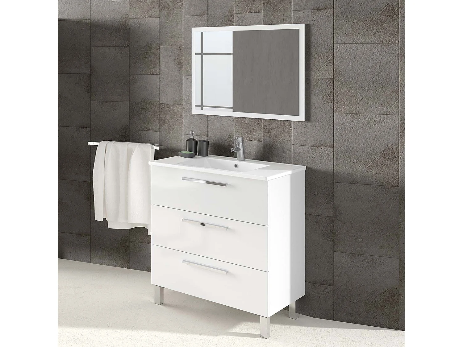 Mueble de baño Alise 3 cajones, espejo y con lavabo cerámico, Color Blanco brillo