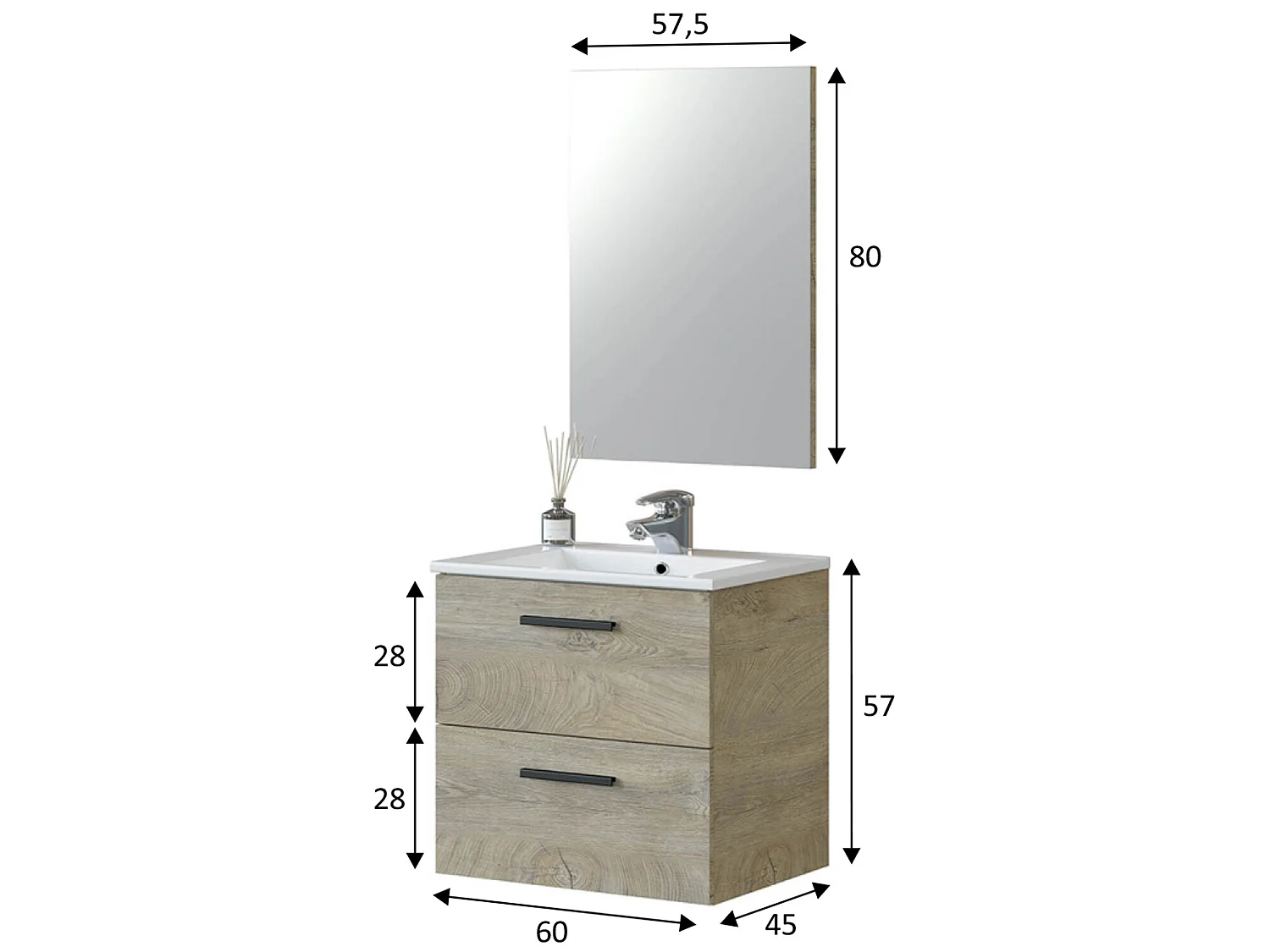 Mueble de baño suspendido Alan 2 cajones con espejo, sin lavabo, Color Alaska