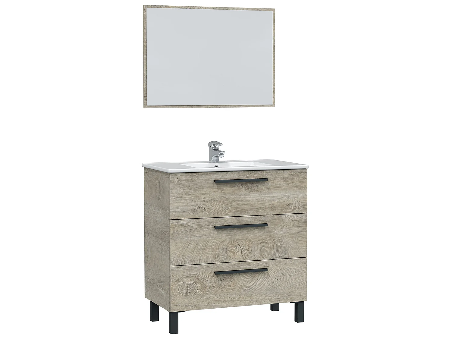 Mueble de baño Alise 3 cajones, espejo y con lavabo cerámico, Color Alaska