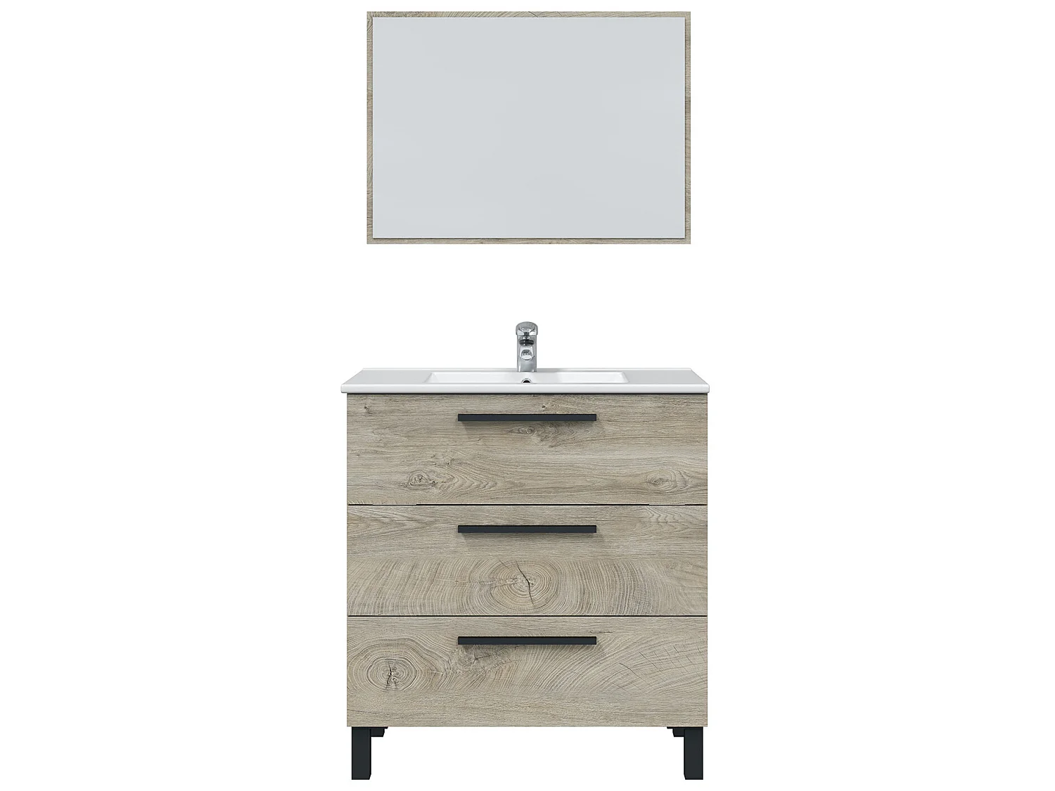 Mueble de baño Alise 3 cajones, espejo y con lavabo cerámico, Color Alaska