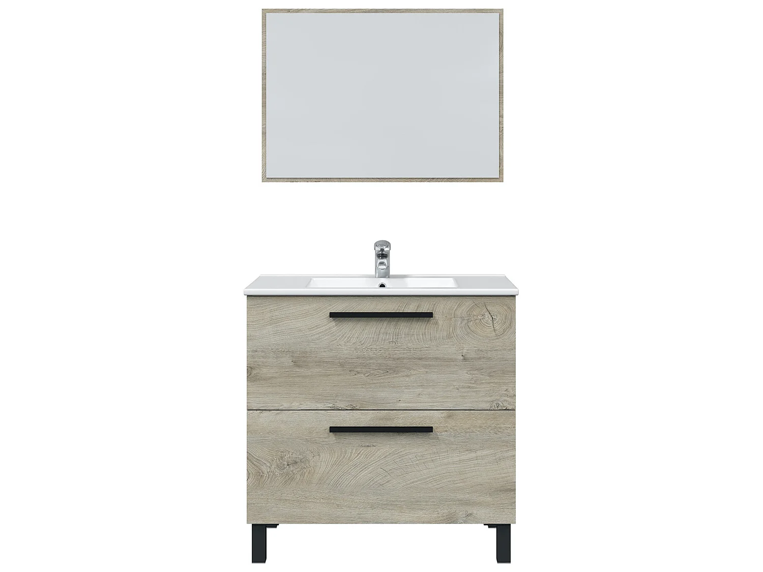 Mueble de baño Alise 2 cajones, espejo y con lavabo cerámico, Color Alaska