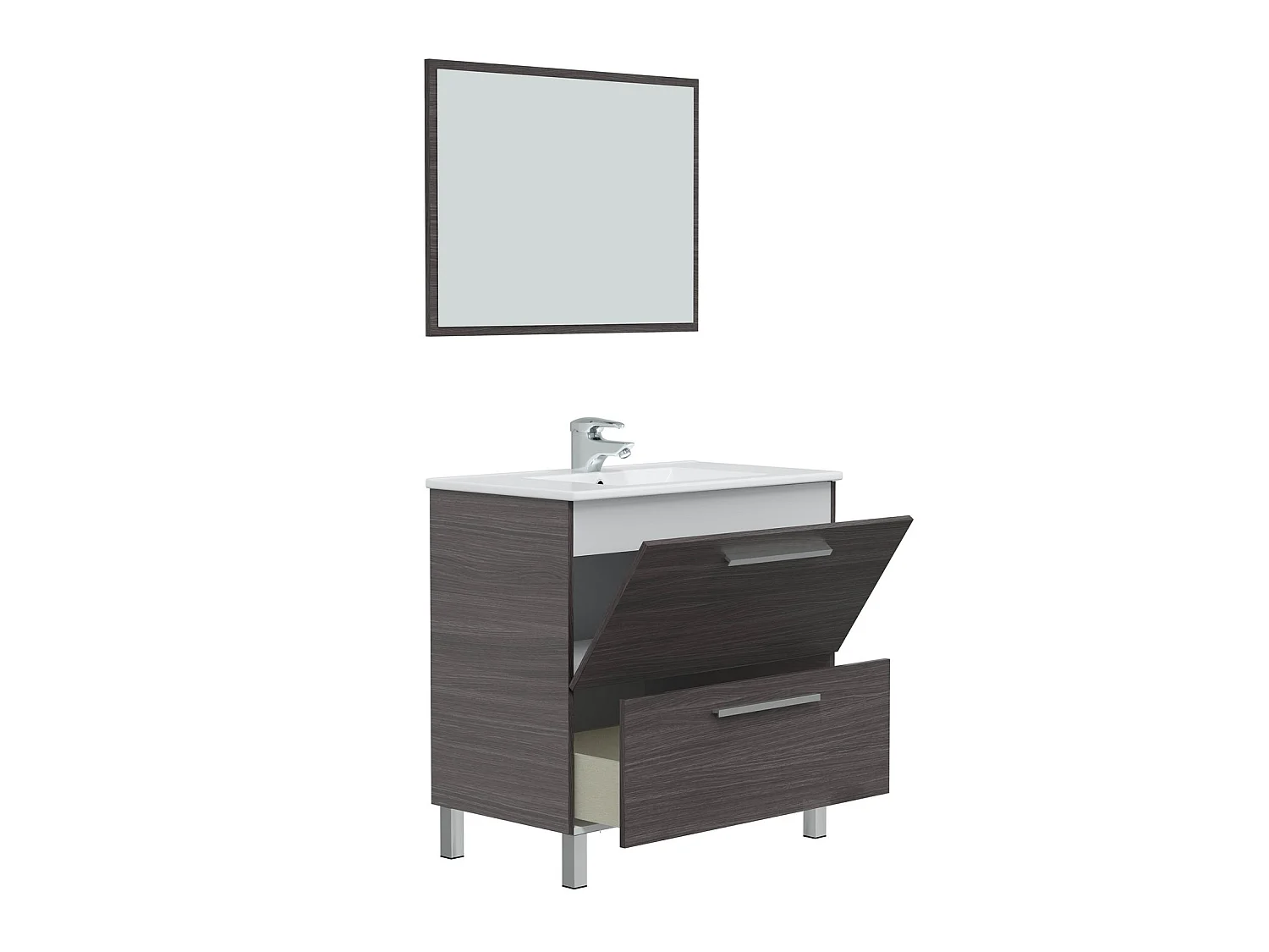 Mueble de baño Luis 1 cajón 1 puerta, espejo  y con lavabo cerámico, Color Gris ceniza