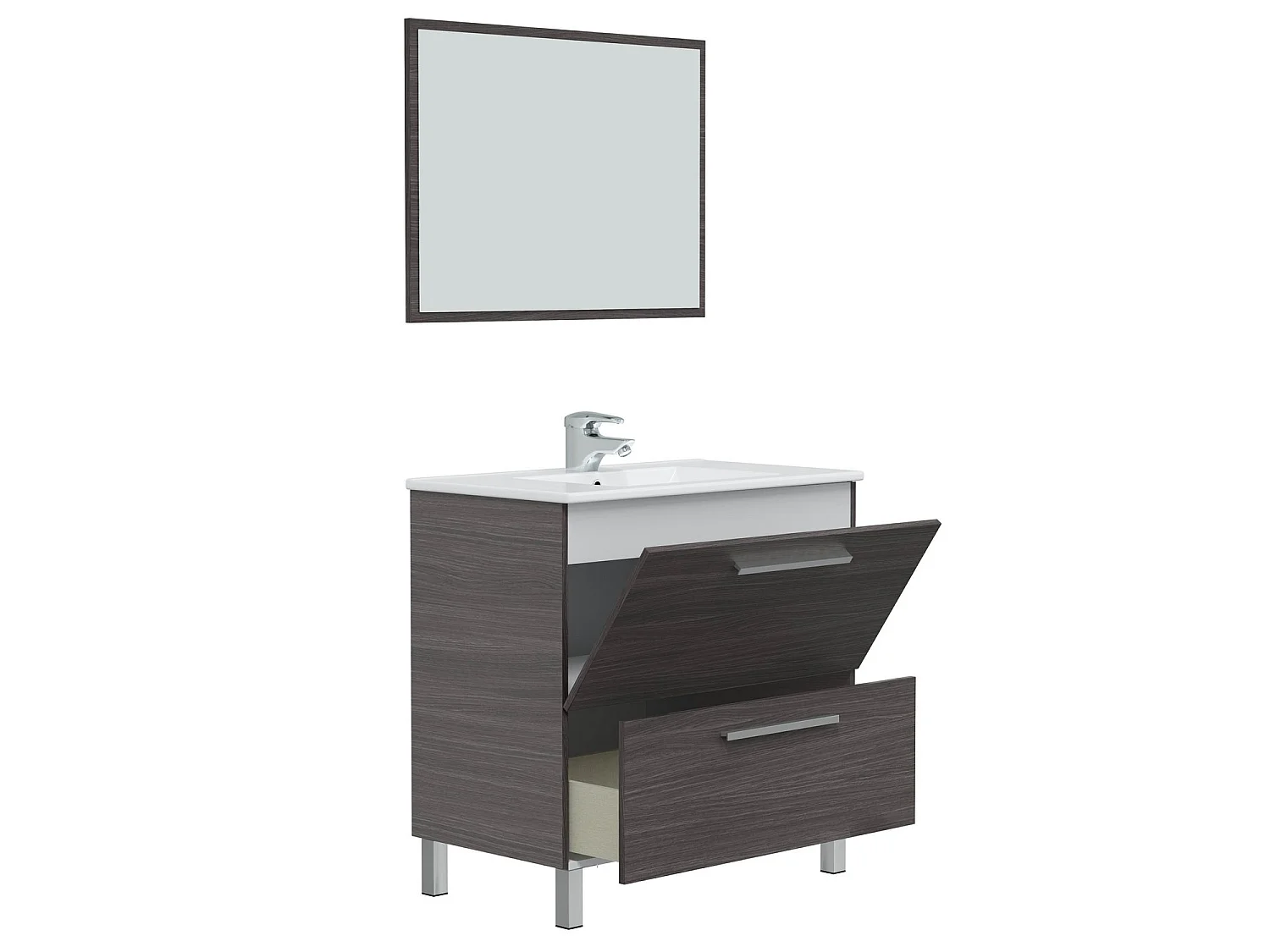 Mueble de baño Luis 1 cajón 1 puerta, espejo  y con lavabo cerámico, Color Gris ceniza