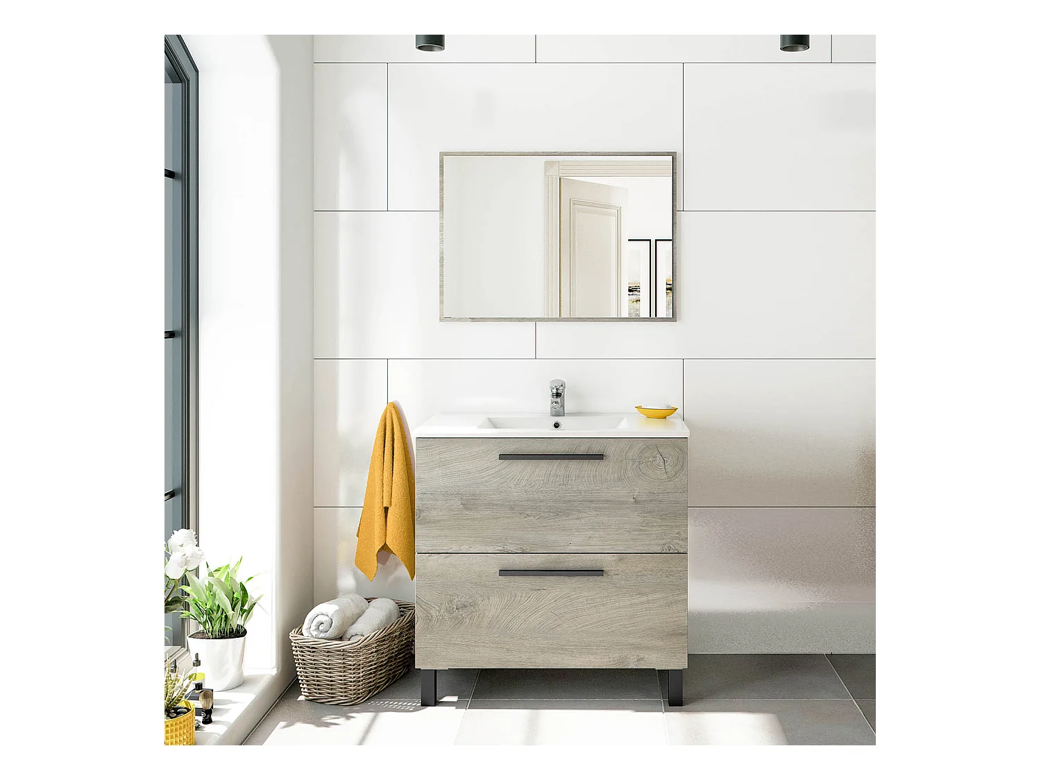 Mueble de baño Alise 2 cajones con espejo, sin lavabo, Color Alaska