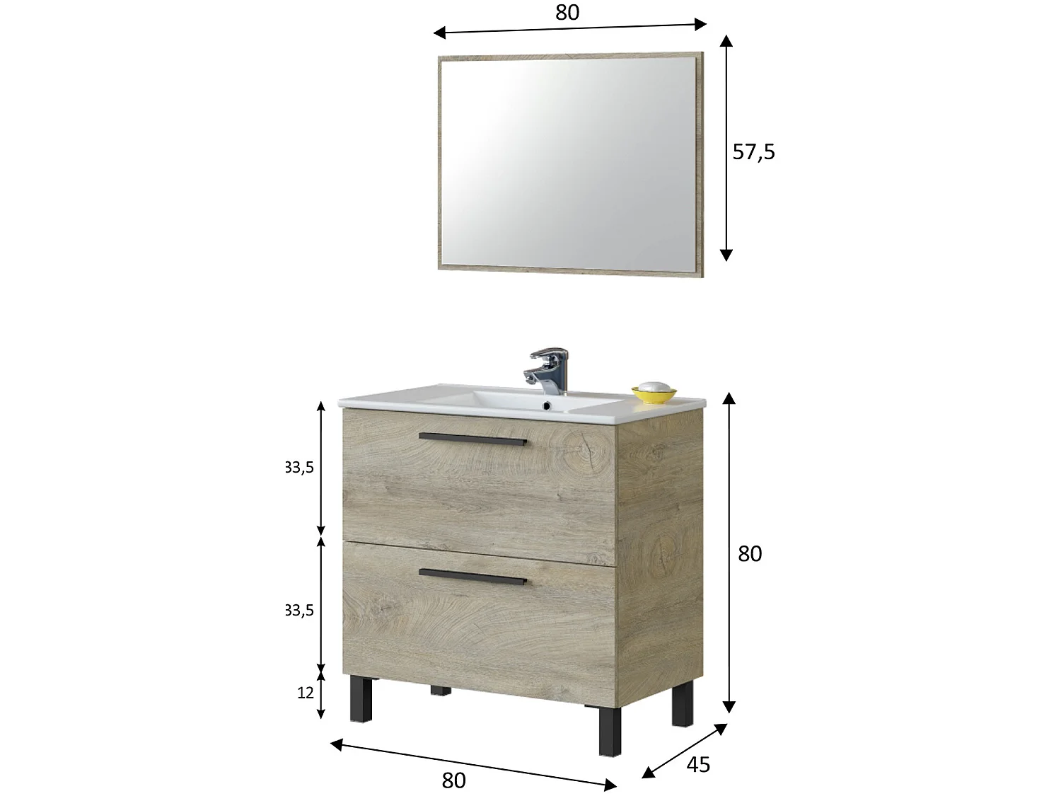 Mueble de baño Alise 2 cajones con espejo, sin lavabo, Color Alaska