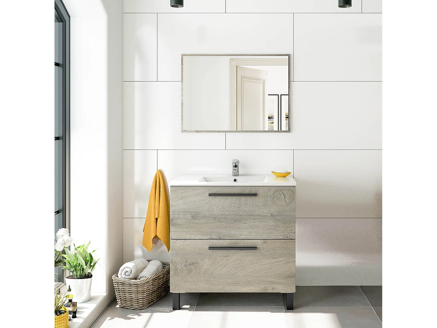 Mueble de baño Alise 2 cajones con espejo, sin lavabo, Color Alaska