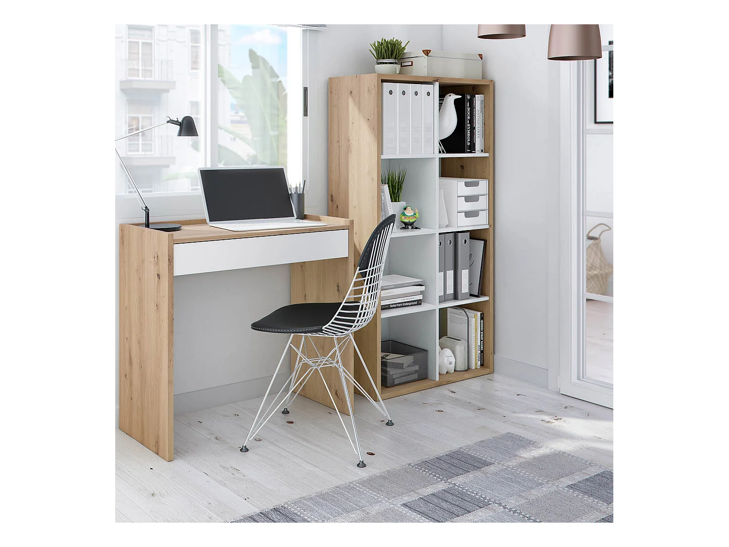 Libreria soggiorno Cubic 8 fori, colore rovere e bianco