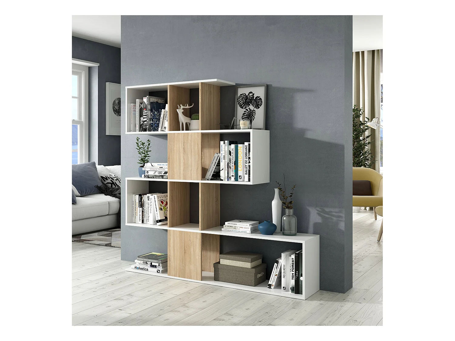 Estantería Librería Zeta Color Blanco/Roble 10 Huecos, para Salón o Comedor