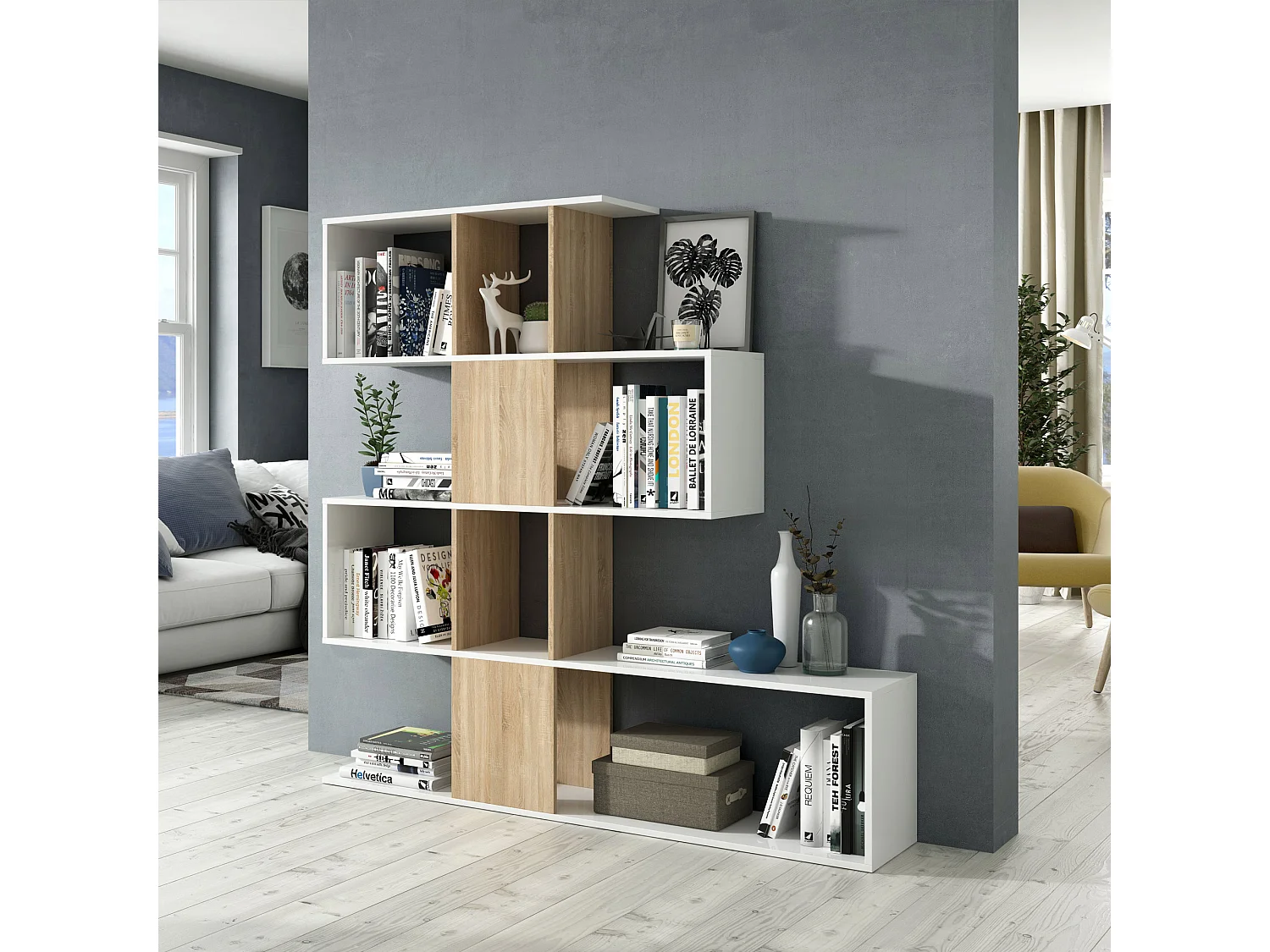 Estantería Librería Zeta Color Blanco/Roble 10 Huecos, para Salón o Comedor