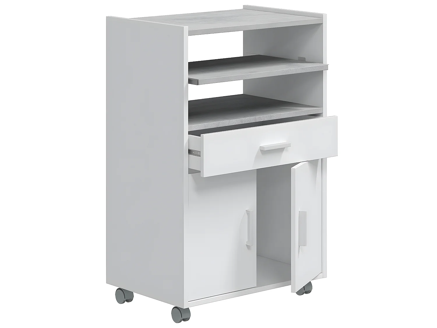Mueble auxiliar de cocina Picazo con ruedas 1 cajón y 2 puertas, blanco/gris