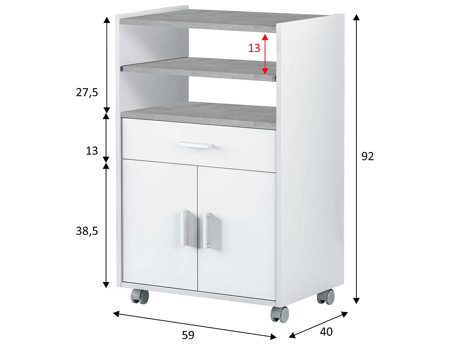 Mueble auxiliar de cocina Picazo con ruedas 1 cajón y 2 puertas, blanco/gris