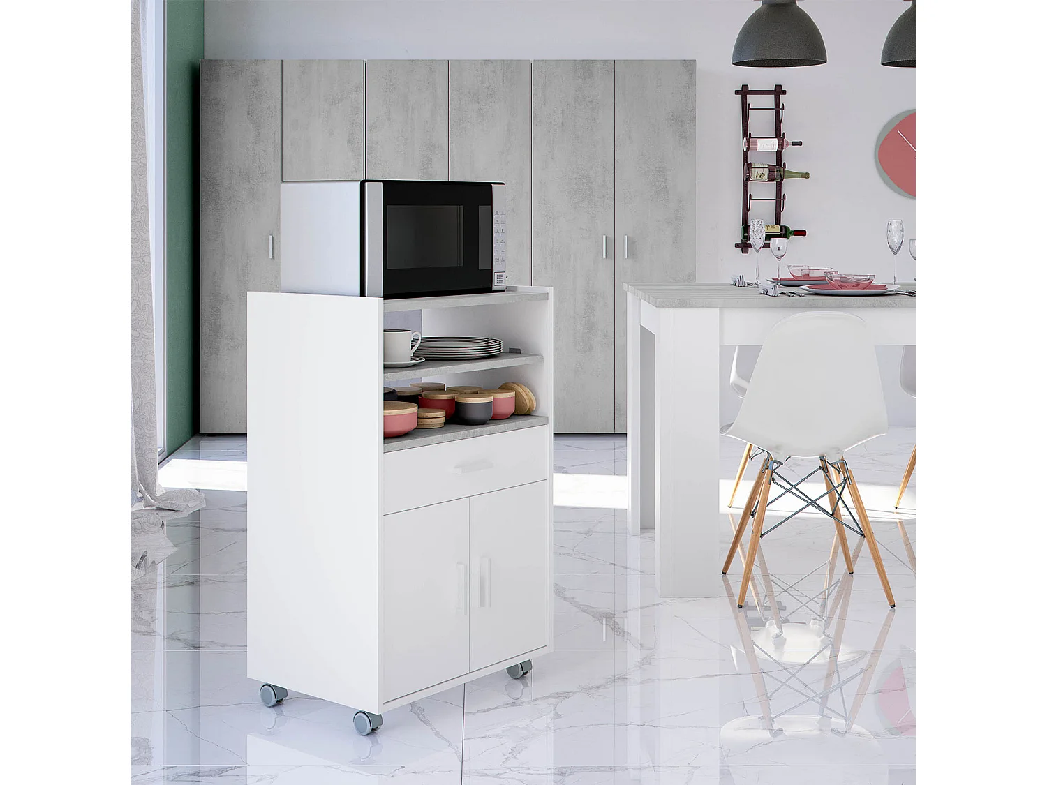 Mueble auxiliar de cocina Picazo con ruedas 1 cajón y 2 puertas, blanco/gris