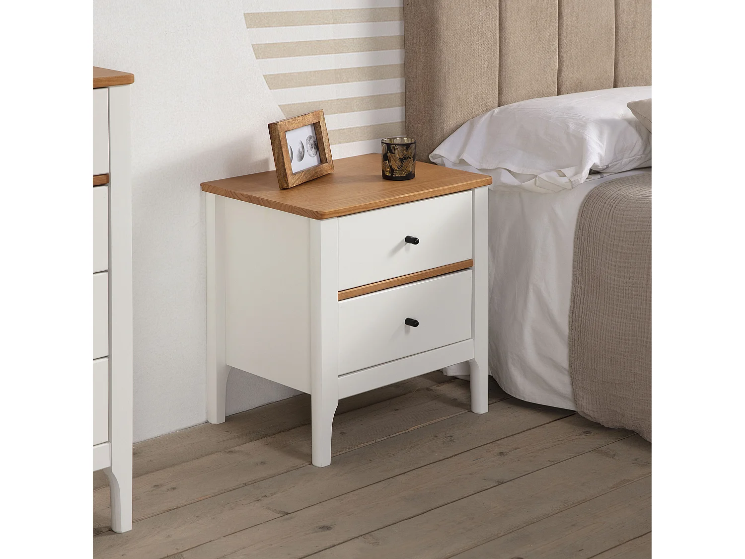 Mesita de Noche Luca 2 cajones Blanco, Madera Maciza