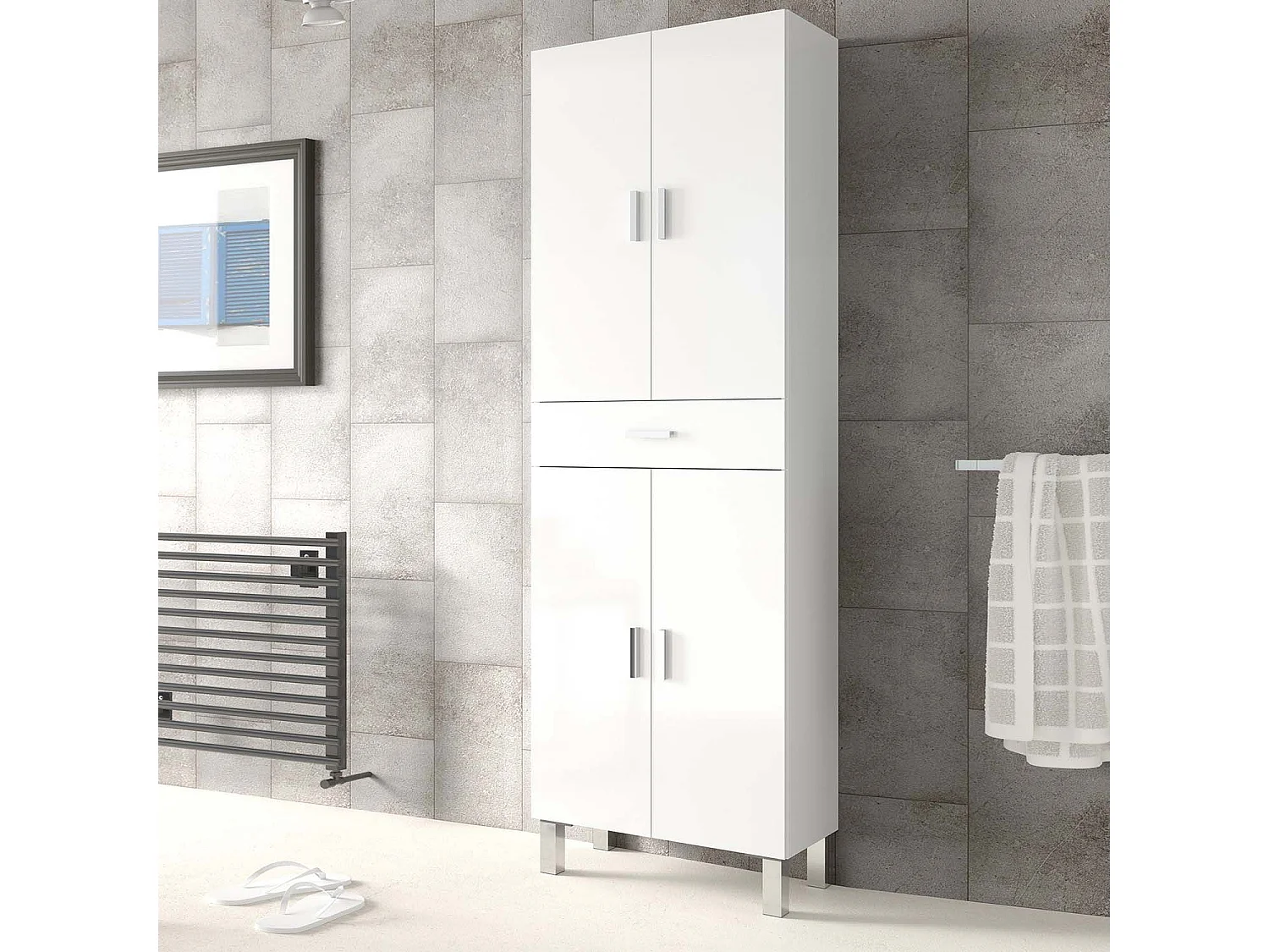 Armario de baño Alan 4 Puertas 1 Cajón, Acabado en Color Blanco Brillo