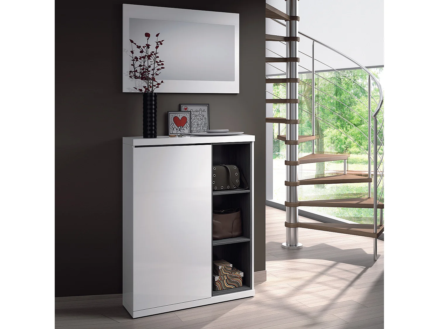 Recibidor Zapatero Mina 1 Puerta y 3 Huecos Color Blanco/Gris, Entrada