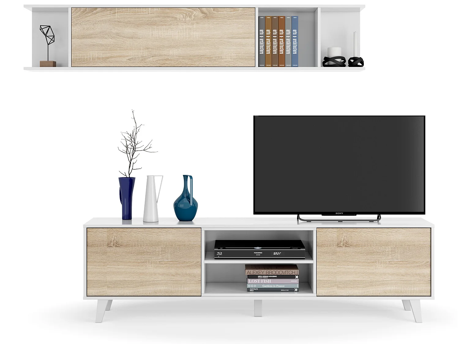 Mueble TV Kira 1 Estante 2 Puertas, Color Roble/Blanco