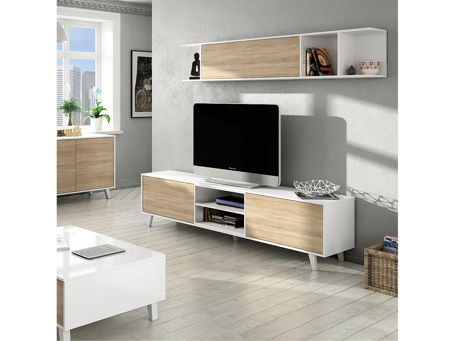 Mueble TV Kira 1 Estante 2 Puertas, Color Roble/Blanco