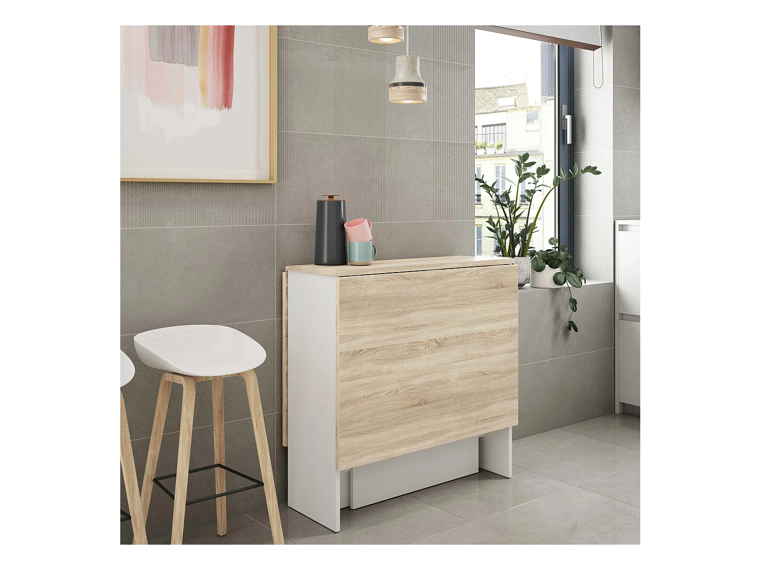 Mesa Plegable LYS Color Roble y Blanco, 30/140 (Ancho) 77 (Profundo) 78 (Altura)