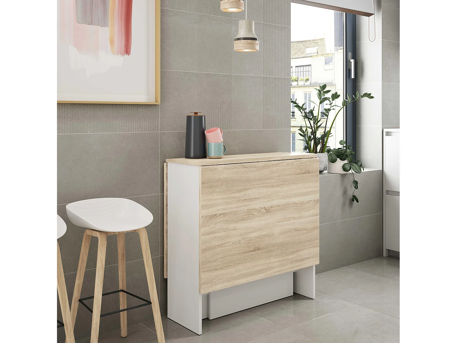 Mesa Plegable LYS Color Roble y Blanco, 30/140 (Ancho) 77 (Profundo) 78 (Altura)