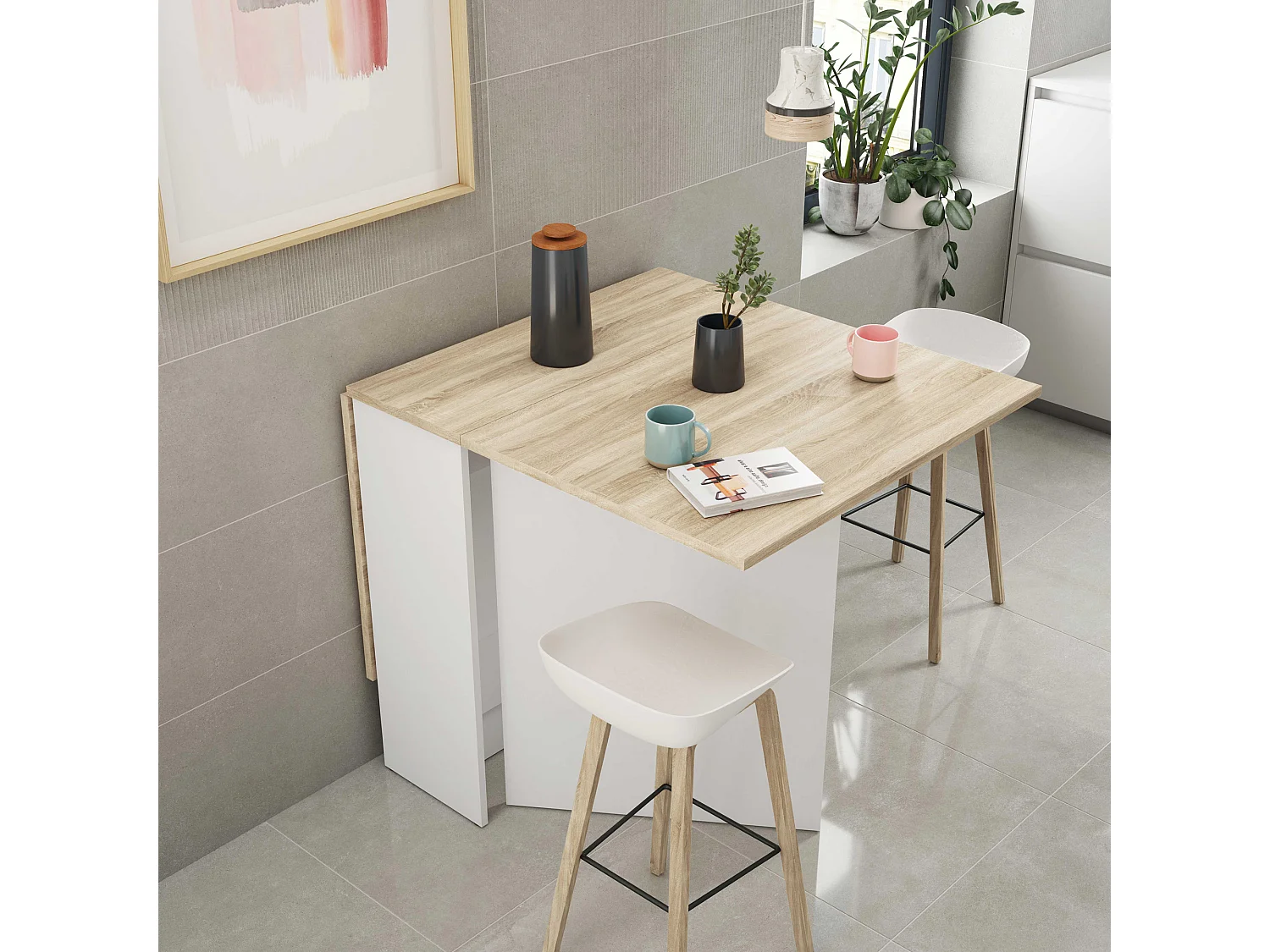 Mesa Plegable LYS Color Roble y Blanco, 30/140 (Ancho) 77 (Profundo) 78 (Altura)