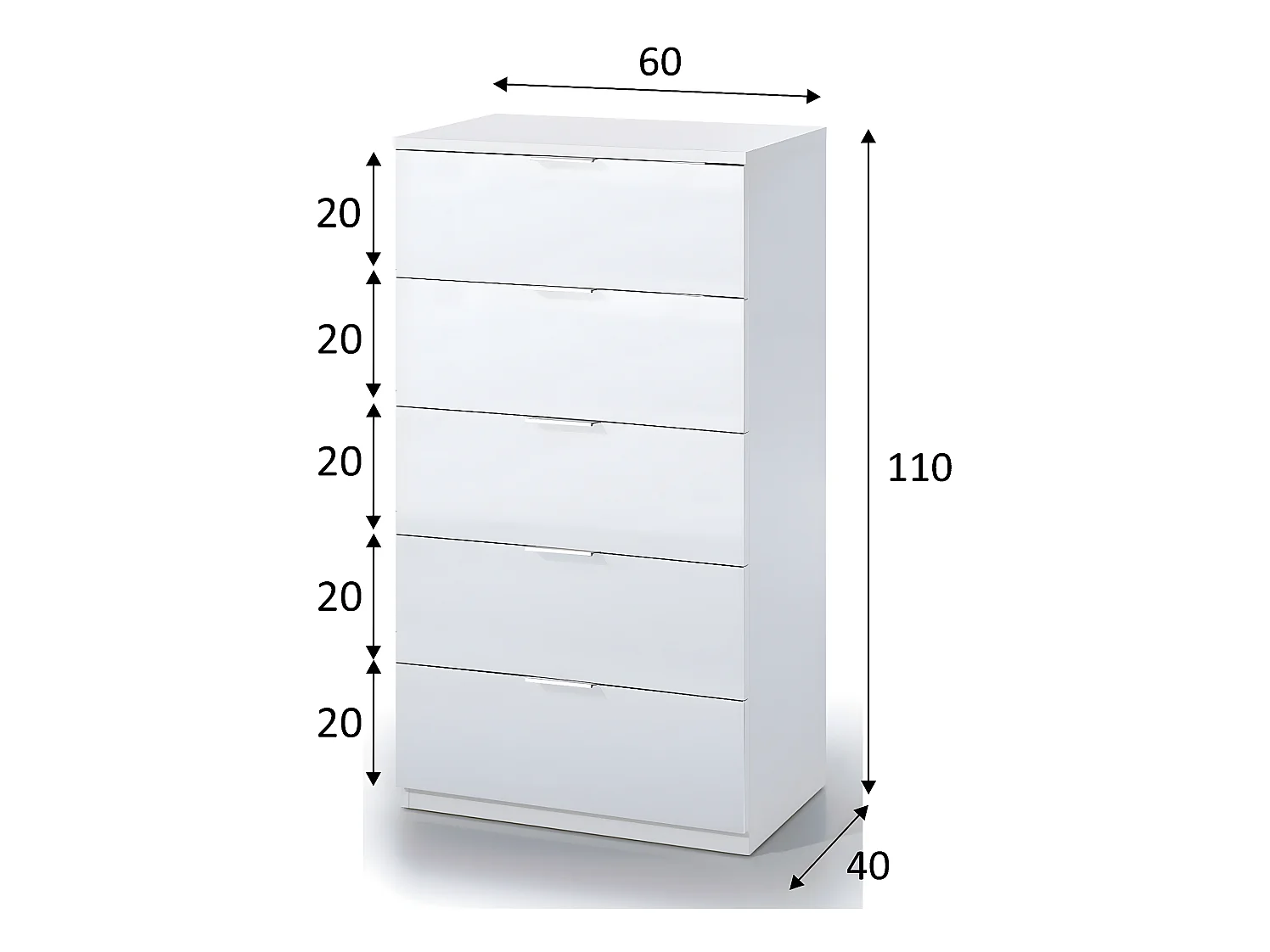 Cómoda 5 cajones Nilo Color Blanco, 60 cm (Ancho) 40 cm (Profundo) 110 cm (Altura)