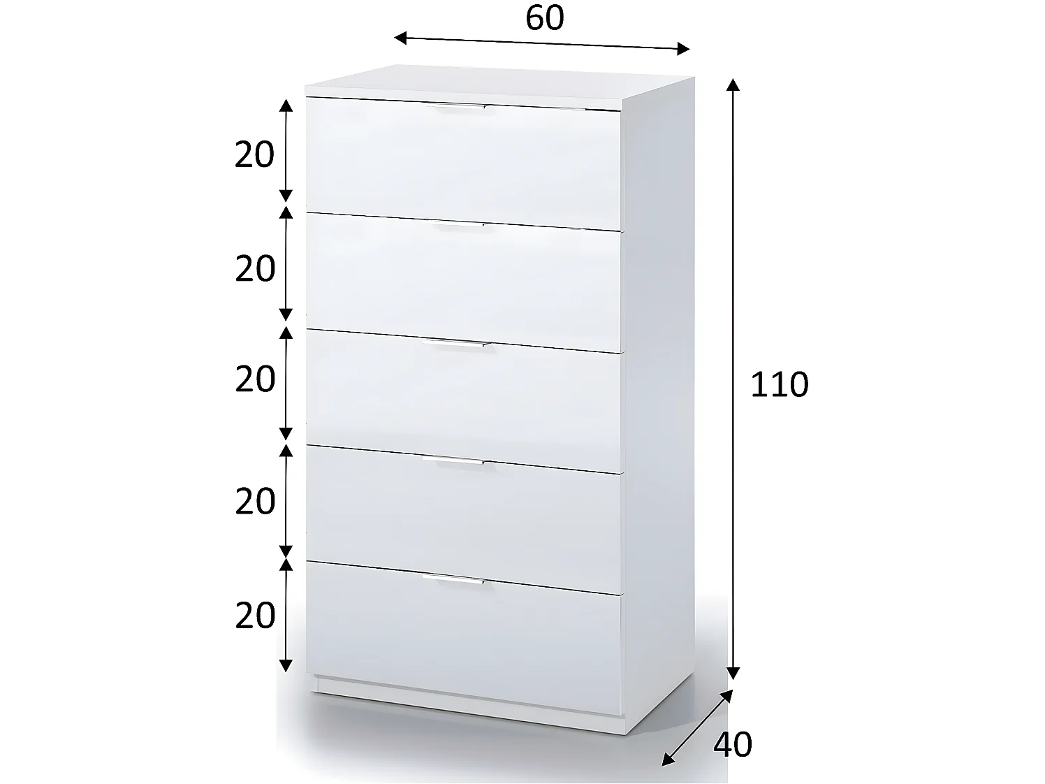 Cómoda 5 cajones Nilo Color Blanco, 60 cm (Ancho) 40 cm (Profundo) 110 cm (Altura)