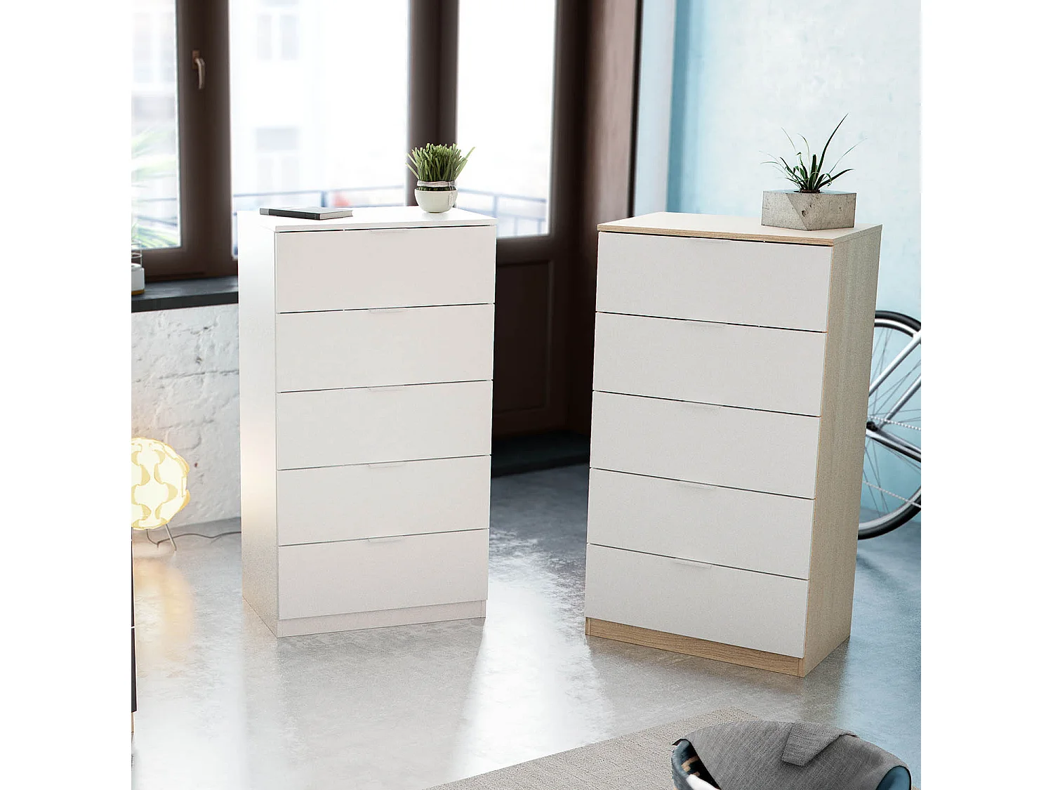 Cómoda 5 cajones Nilo Color Blanco, 60 cm (Ancho) 40 cm (Profundo) 110 cm (Altura)