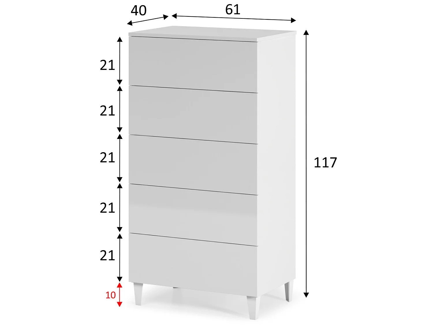 Cómoda de Noche Vera de 5 cajones Color Blanco Brillo, 61 cm (Ancho) 40 cm (Profundo)