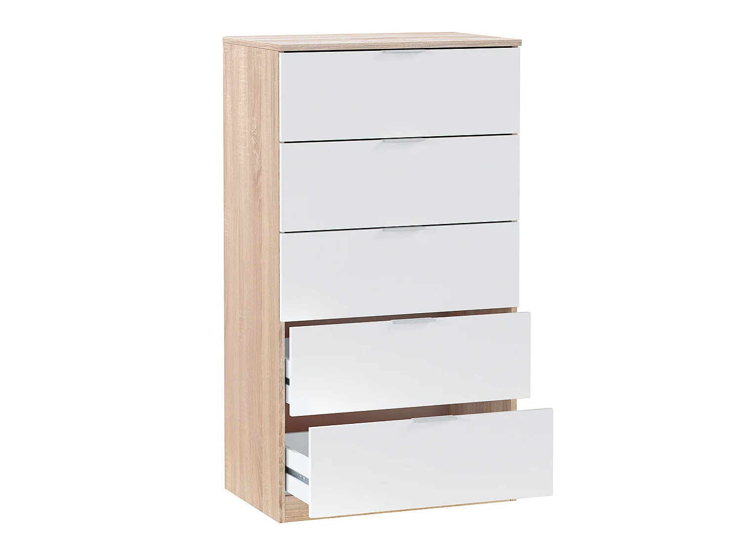 Cómoda 5 cajones Nilo Color Roble/Blanco, 60 cm (Ancho) 40 cm (Profundo) 110 cm (Altura)