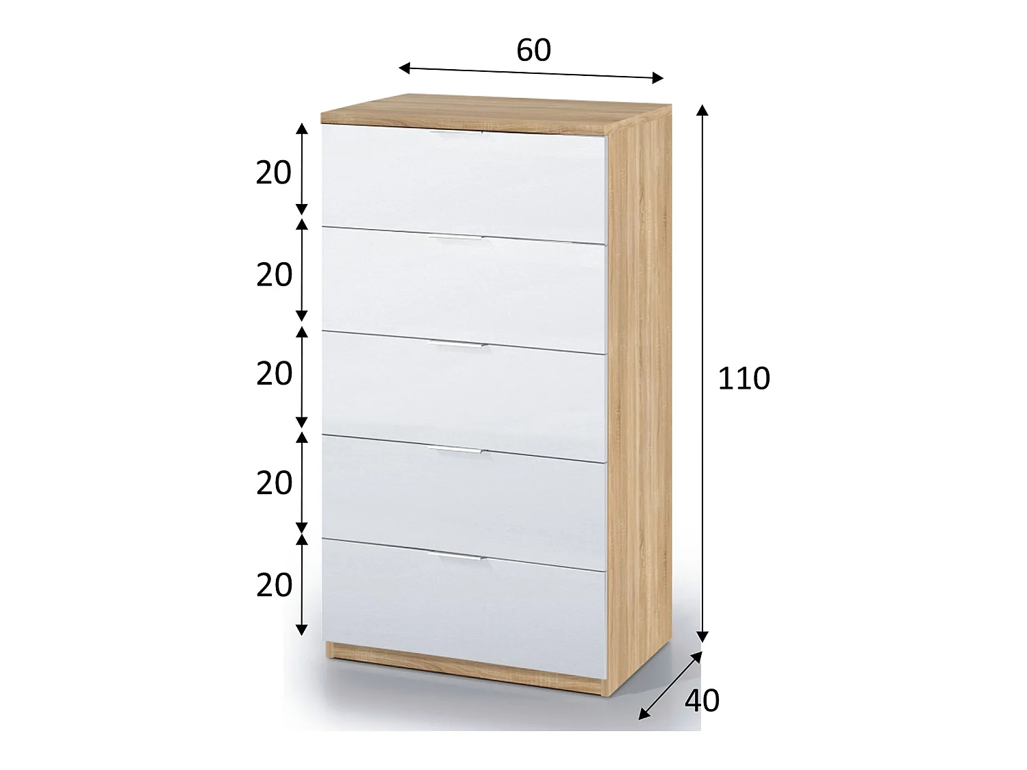 Cómoda 5 cajones Nilo Color Roble/Blanco, 60 cm (Ancho) 40 cm (Profundo) 110 cm (Altura)