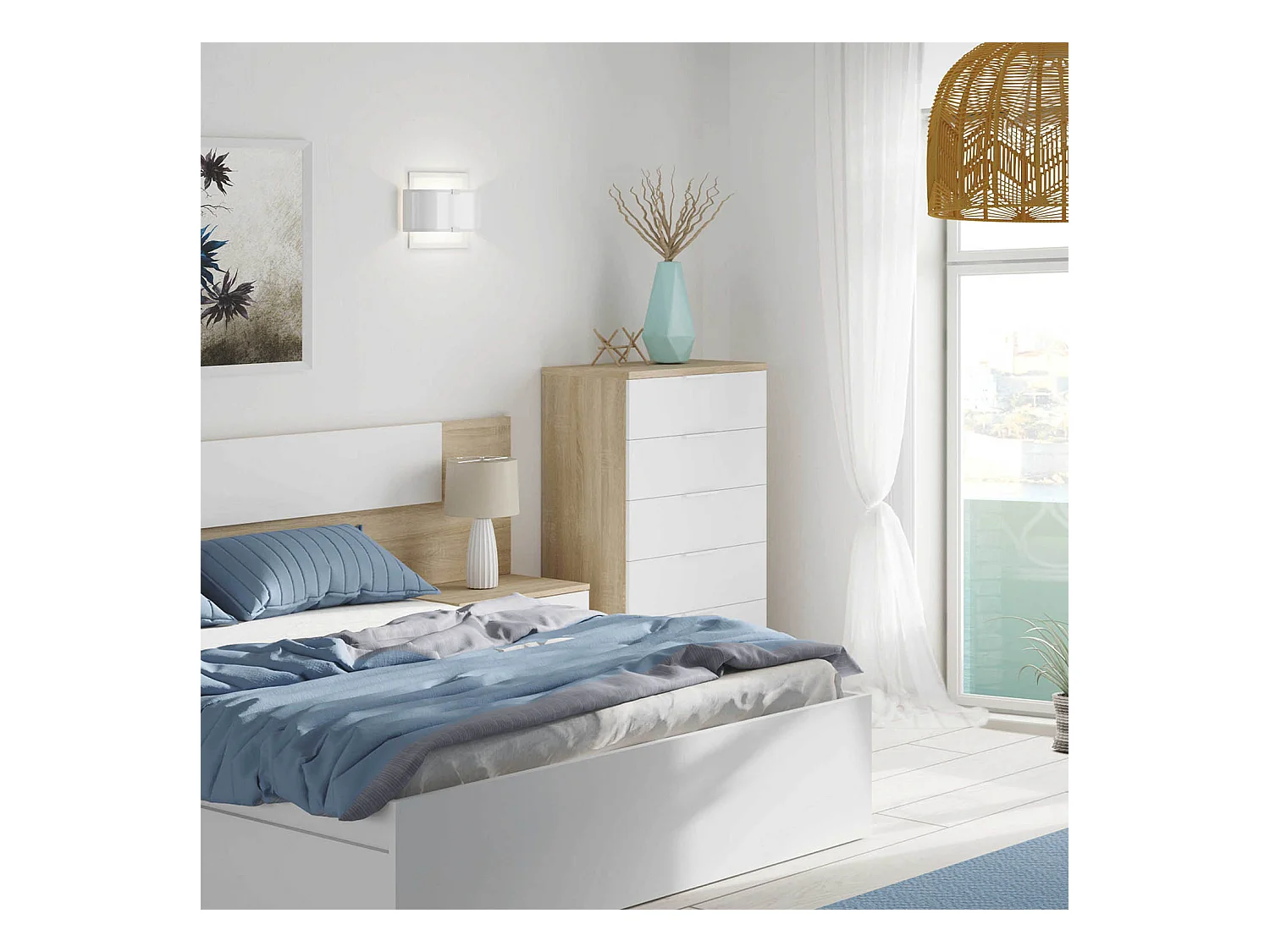 Cómoda 5 cajones Nilo Color Roble/Blanco, 60 cm (Ancho) 40 cm (Profundo) 110 cm (Altura)