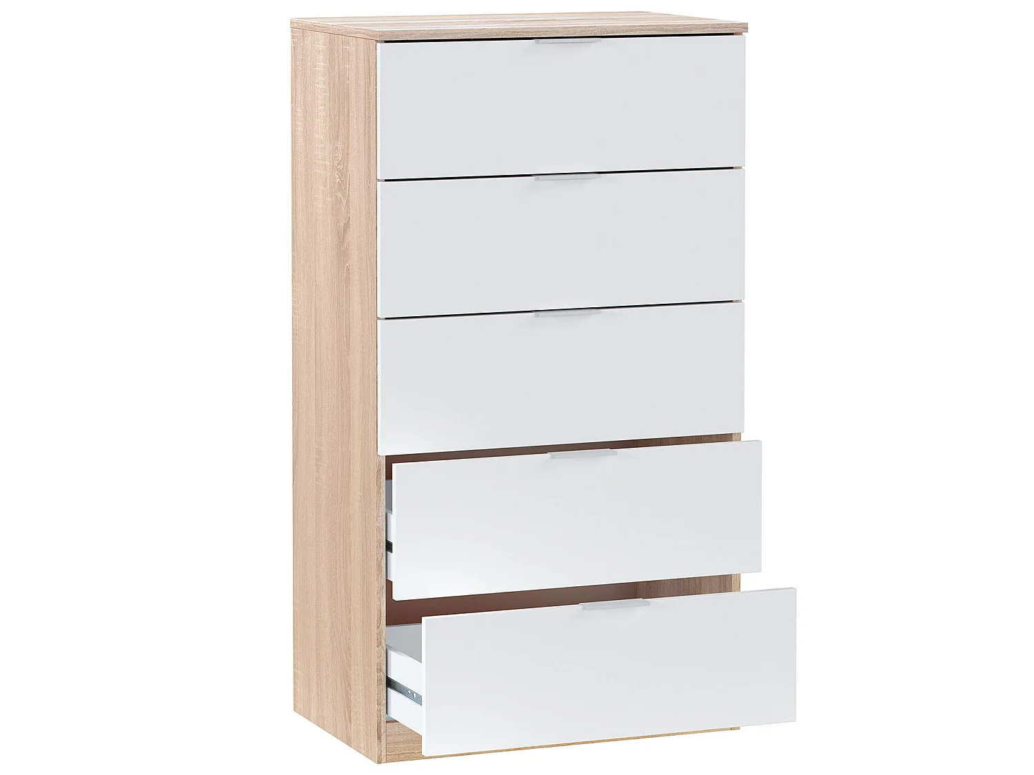 Cómoda 5 cajones Nilo Color Roble/Blanco, 60 cm (Ancho) 40 cm (Profundo) 110 cm (Altura)