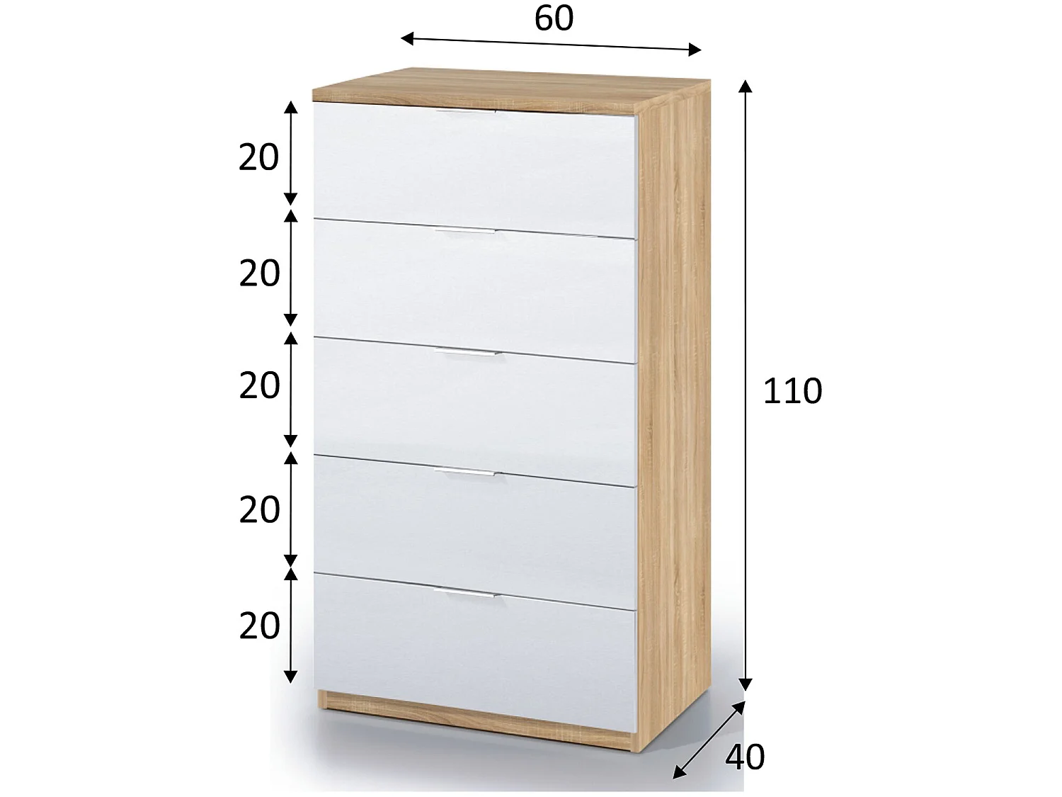 Cómoda 5 cajones Nilo Color Roble/Blanco, 60 cm (Ancho) 40 cm (Profundo) 110 cm (Altura)