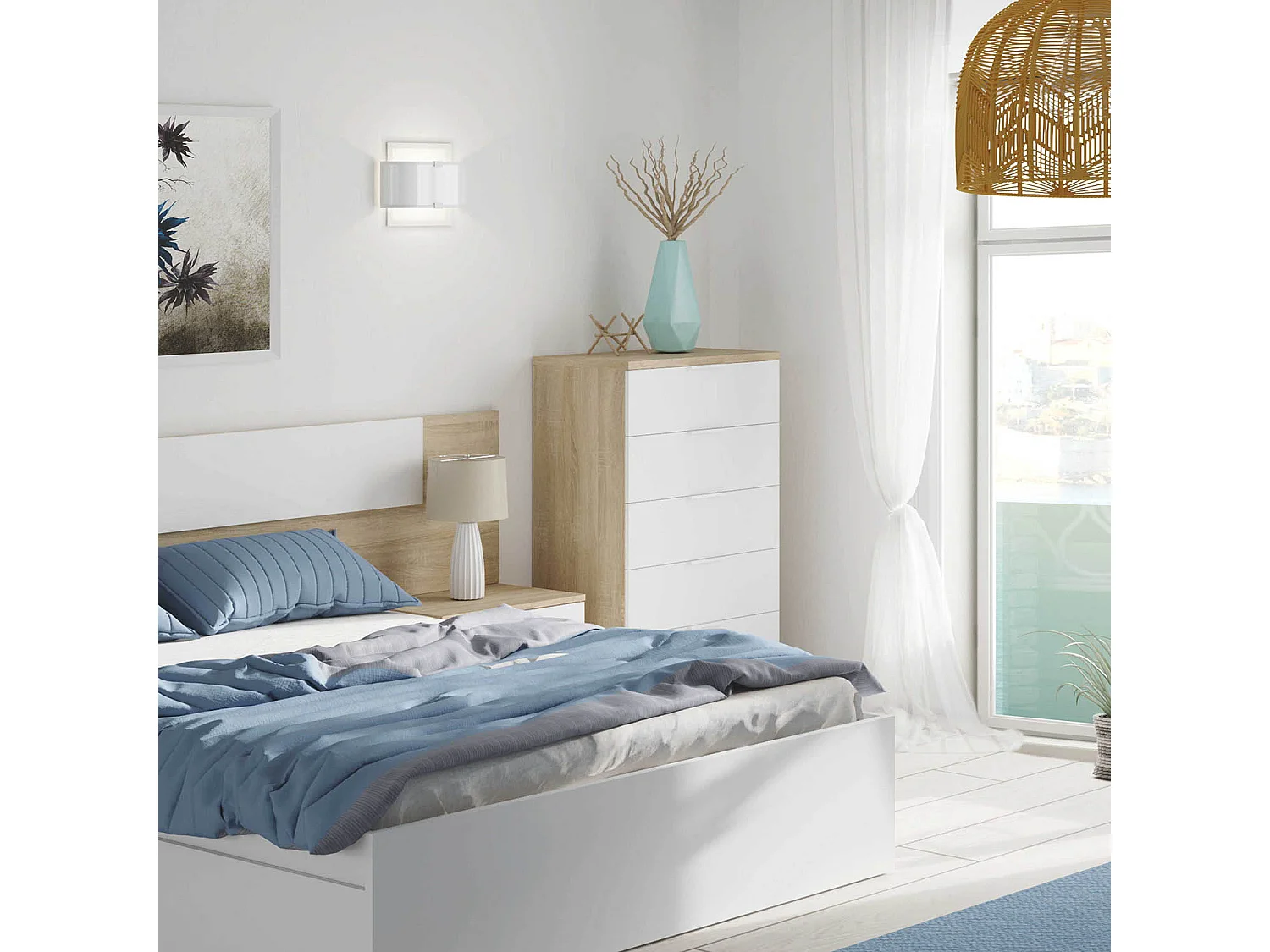 Cómoda 5 cajones Nilo Color Roble/Blanco, 60 cm (Ancho) 40 cm (Profundo) 110 cm (Altura)