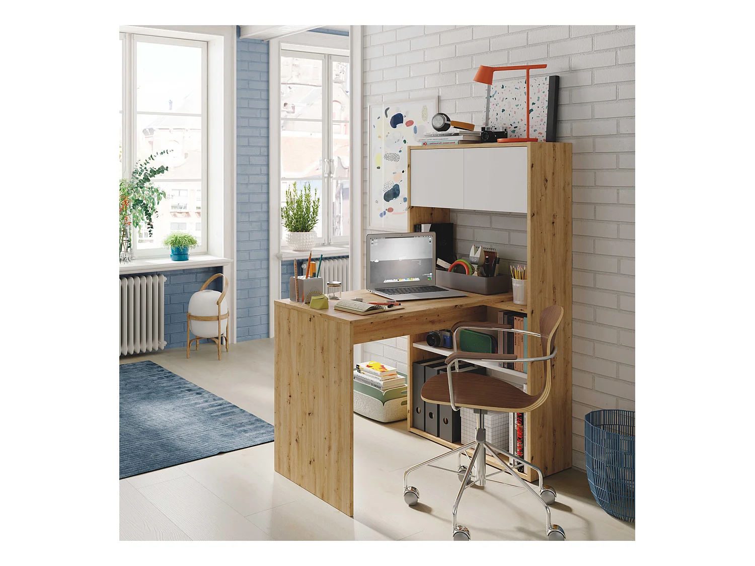 Mesa de escritorio Beja modular 2 puertas 2 huecos, madera/blanco, 108 cm