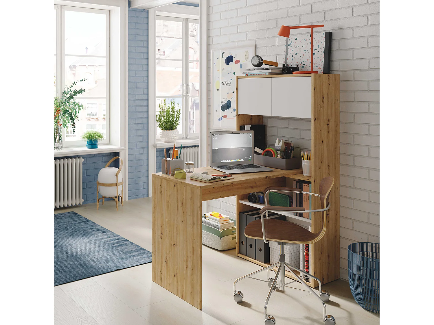 Mesa de escritorio Beja modular 2 puertas 2 huecos, madera/blanco, 108 cm