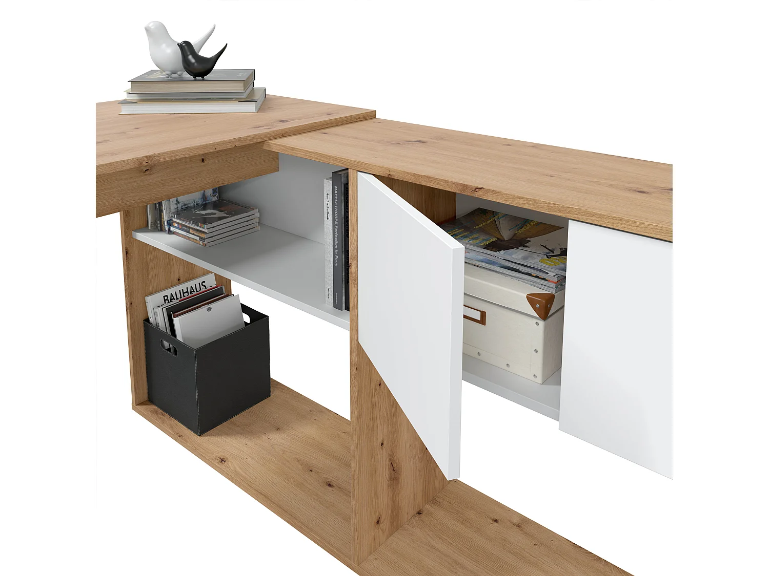 Mesa de escritorio Beja modular 2 puertas 2 huecos, madera/blanco, 108 cm
