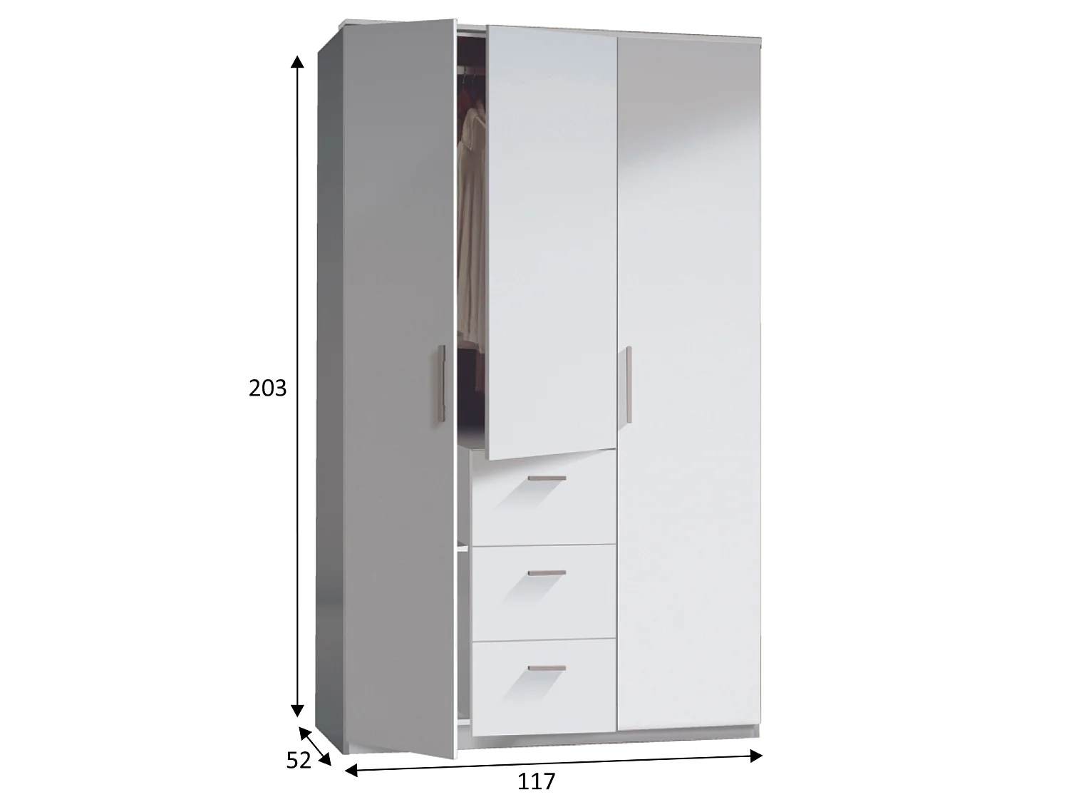 Armario ropero Lisa 3 Puertas 3 Cajones Color Blanco Brillo, 117 Ancho 52 Profundo 203 Alto cm